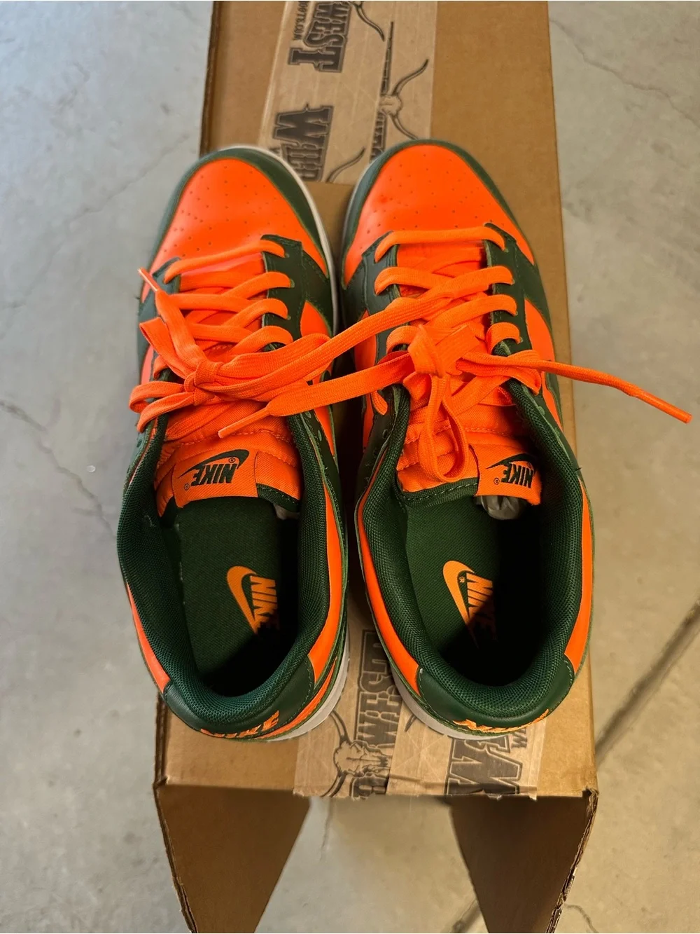 Men's Nike Dubk in Orange and Dark Green. Miami colorway.